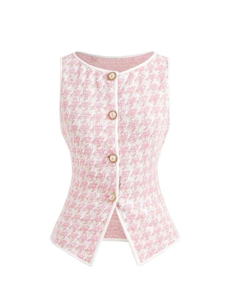 MakeMeChic Women's Houndstooth Plaid Vest Tops Trendy Dressy Tops Button Wasitcoat For Work Office Pink Small - Image 1