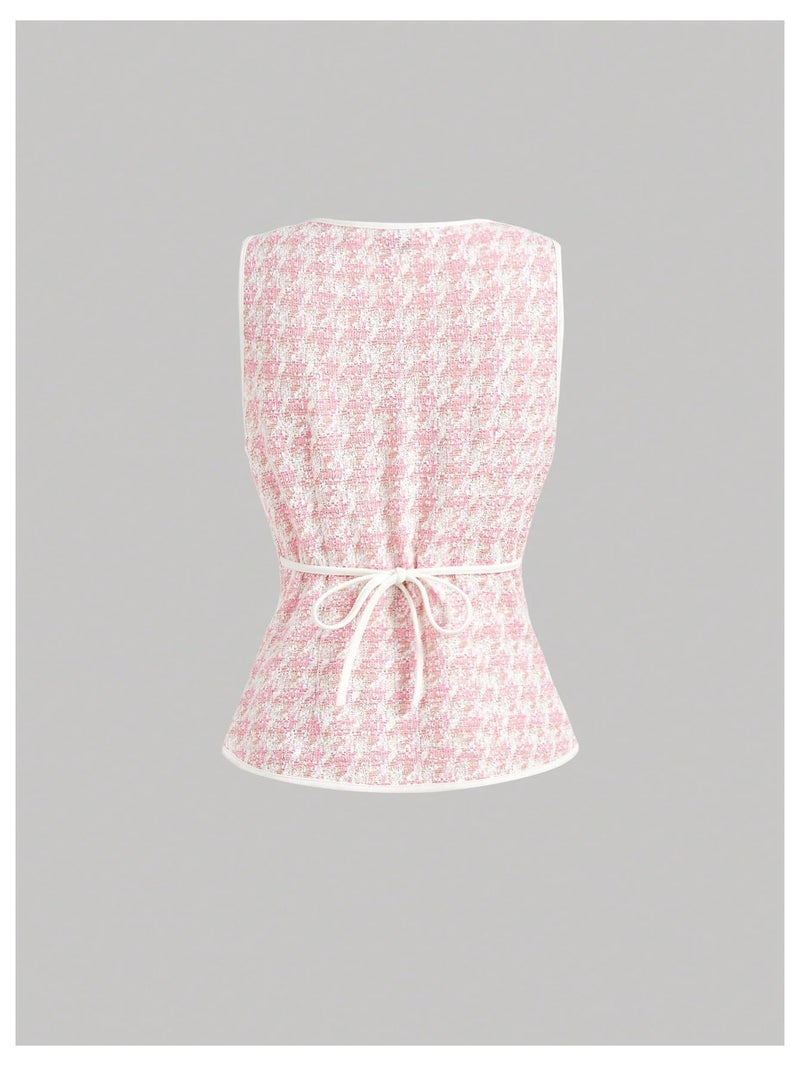 MakeMeChic Women's Houndstooth Plaid Vest Tops Trendy Dressy Tops Button Wasitcoat For Work Office Pink Small - Image 2