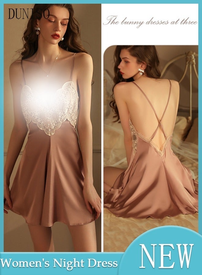 DUNISO Women's Sleeveless Nightgown Sweet Silk Night Dress Lace V neck Pajama Dress Sleepwear Girls Comfortable Nightwear Summer Home Wear Lounge Dress - Image 1