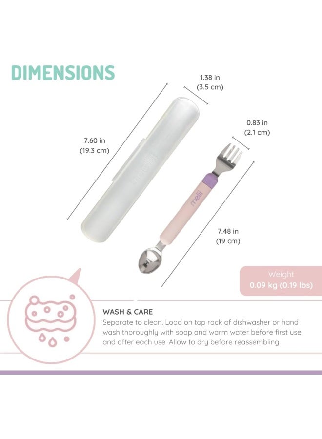 melii Spork On The Go - أدوات سفر للأطفال والرضع - شوكة وملعقة قابلة للفصل مع حقيبة حمل - وردي وأرجواني - Image 3