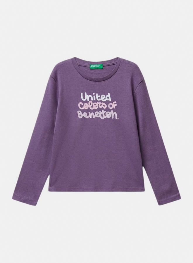Benetton Girls Long sleeve cotton T-shirt with glittery logo - Image 1