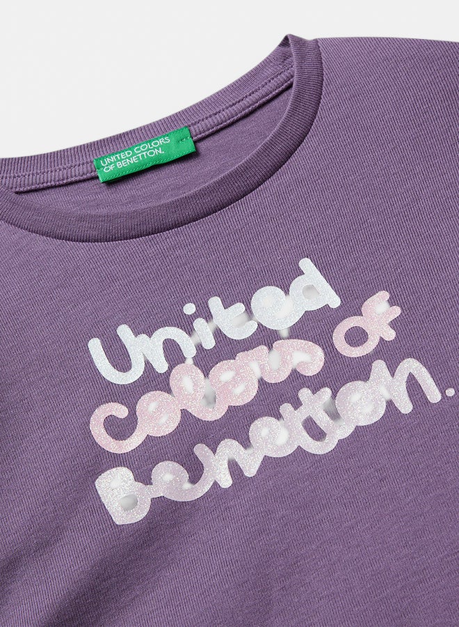 Benetton Girls Long sleeve cotton T-shirt with glittery logo - Image 2