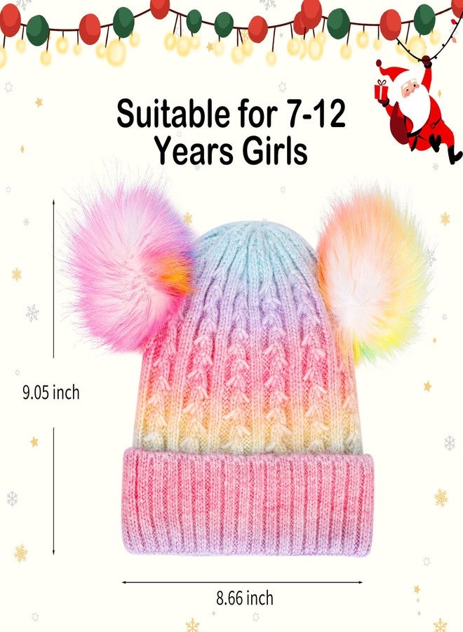 ACTLATI Girls Rainbow Pom Pom Beanies Hats Winter Knit Fleece Lined Beanie Hat for Kids Outdoor Snow Ski Skull Cap Age 7-12 - Image 3