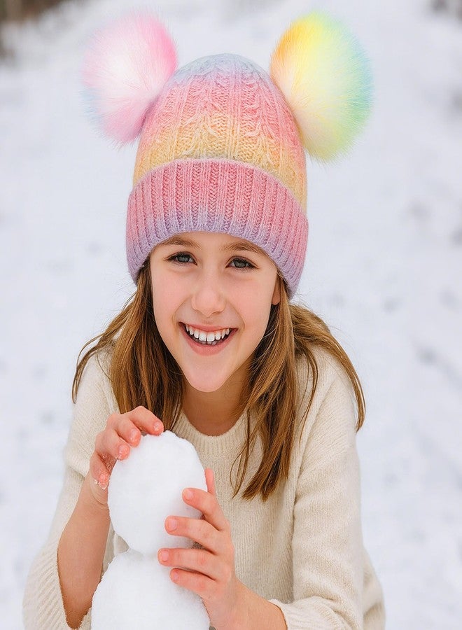 ACTLATI Girls Rainbow Pom Pom Beanies Hats Winter Knit Fleece Lined Beanie Hat for Kids Outdoor Snow Ski Skull Cap Age 7-12 - Image 4