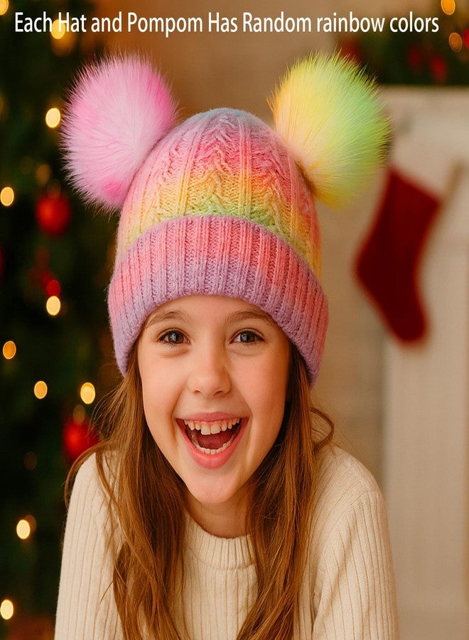 ACTLATI Girls Rainbow Pom Pom Beanies Hats Winter Knit Fleece Lined Beanie Hat for Kids Outdoor Snow Ski Skull Cap Age 7-12 - Image 2