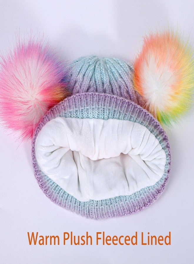 ACTLATI Girls Rainbow Pom Pom Beanies Hats Winter Knit Fleece Lined Beanie Hat for Kids Outdoor Snow Ski Skull Cap Age 7-12 - Image 5