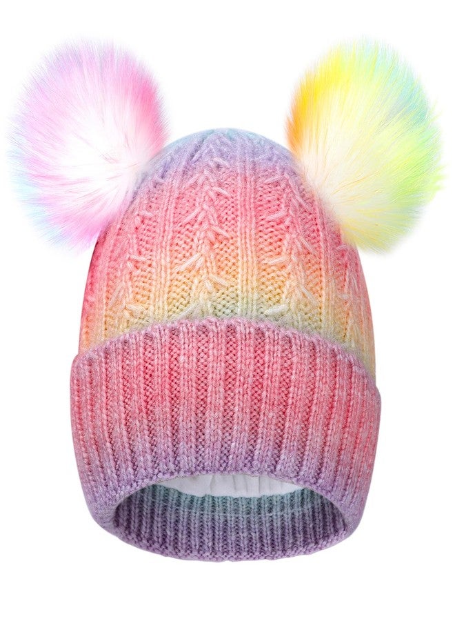 ACTLATI Girls Rainbow Pom Pom Beanies Hats Winter Knit Fleece Lined Beanie Hat for Kids Outdoor Snow Ski Skull Cap Age 7-12 - Image 1