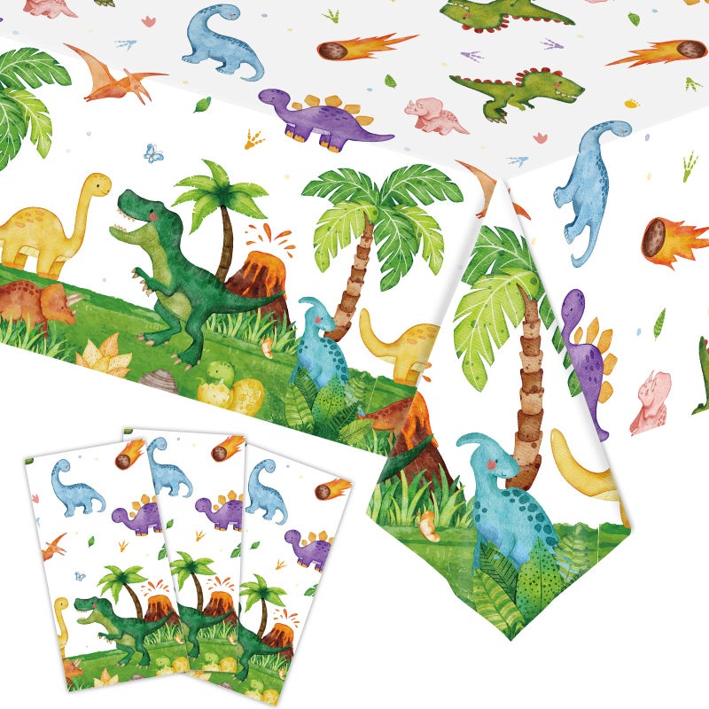 SpinLaLa 3-Piece 54 x 108 Inch Dinosaur Theme Plastic Tablecloth - Disposable Rectangle Table Cover for Dining, Picnic, Birthday, Baby Shower, Dino Party, Festive Themed Indoor Outdoor Decorations - Image 1