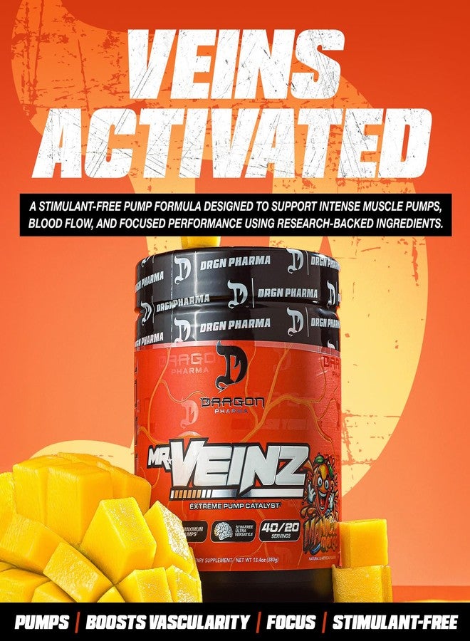 Dragon PHARMA Mr. Veinz Stim Free Pre-Workout, Extreme Pump & Nootropic Catalyst, Maximize Pumps via Vasodilation & Cell Volumization, Stimulant-Free Formula for Focus (40 Servings, Wicked Pineapple) - Image 5