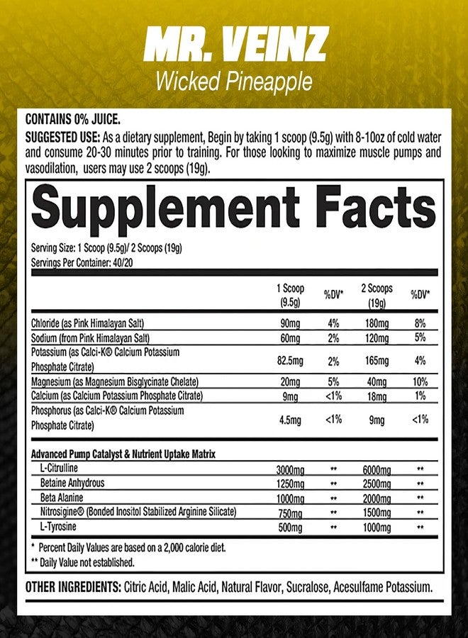 Dragon PHARMA Mr. Veinz Stim Free Pre-Workout, Extreme Pump & Nootropic Catalyst, Maximize Pumps via Vasodilation & Cell Volumization, Stimulant-Free Formula for Focus (40 Servings, Wicked Pineapple) - Image 2