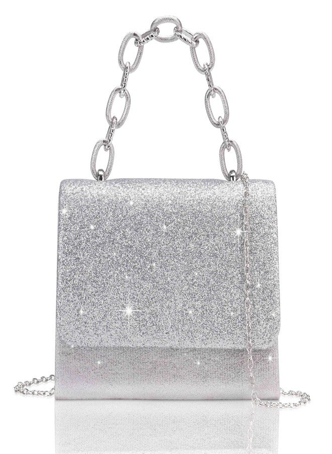 Toptime Evening Bag Sparkle Clutch Purse for Women, Silver Purse with Metal Handle, Small Formal Women Handbag with Detachable Crossbody Chain, Shinny Envelope Evening Clutch for Wedding Party Prom - Image 1