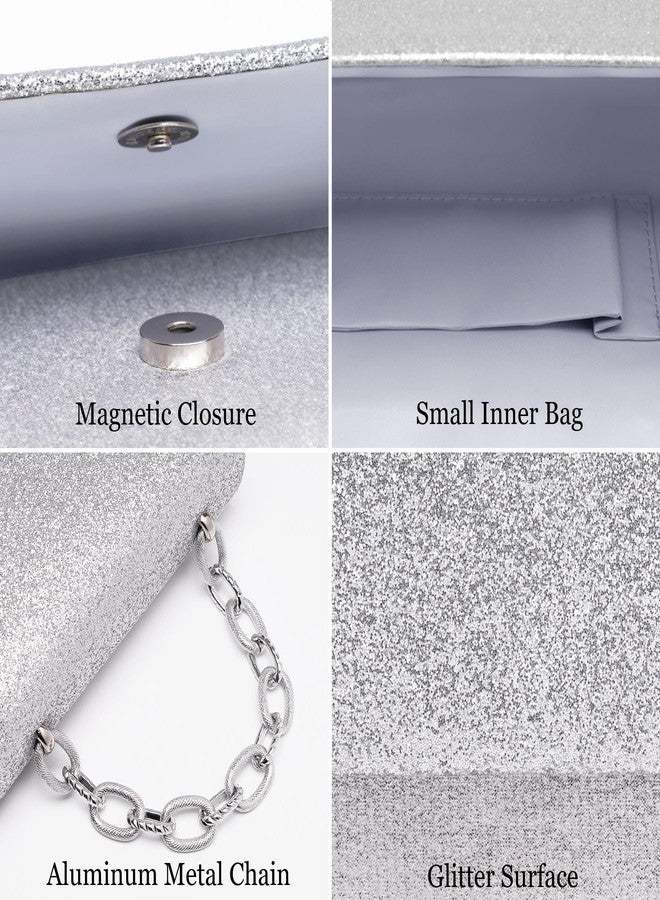 Toptime Evening Bag Sparkle Clutch Purse for Women, Silver Purse with Metal Handle, Small Formal Women Handbag with Detachable Crossbody Chain, Shinny Envelope Evening Clutch for Wedding Party Prom - Image 4