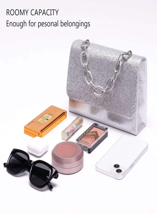 Toptime Evening Bag Sparkle Clutch Purse for Women, Silver Purse with Metal Handle, Small Formal Women Handbag with Detachable Crossbody Chain, Shinny Envelope Evening Clutch for Wedding Party Prom - Image 5
