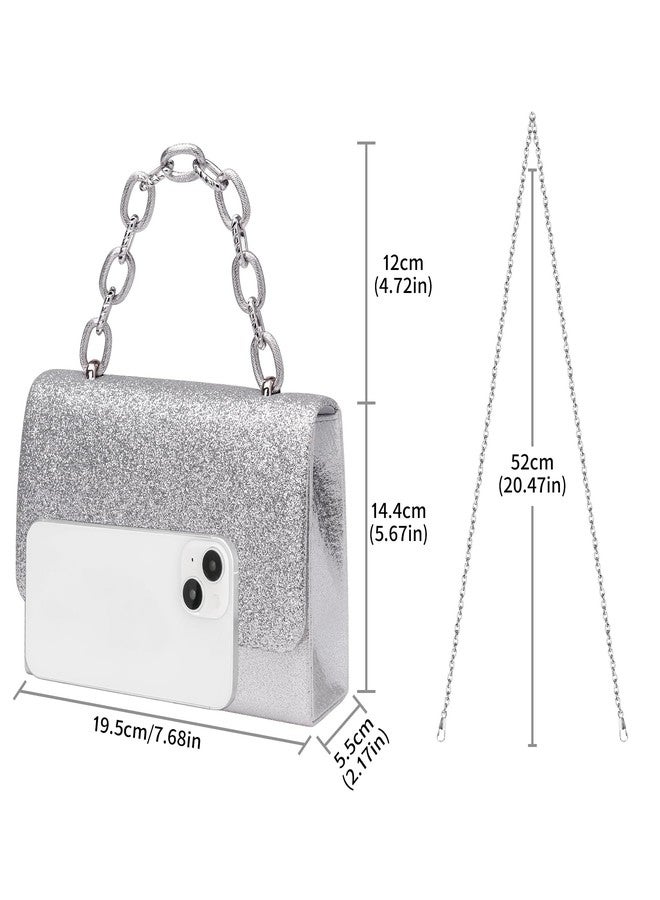 Toptime Evening Bag Sparkle Clutch Purse for Women, Silver Purse with Metal Handle, Small Formal Women Handbag with Detachable Crossbody Chain, Shinny Envelope Evening Clutch for Wedding Party Prom - Image 2