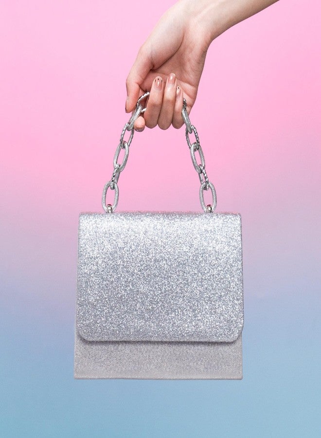 Toptime Evening Bag Sparkle Clutch Purse for Women, Silver Purse with Metal Handle, Small Formal Women Handbag with Detachable Crossbody Chain, Shinny Envelope Evening Clutch for Wedding Party Prom - Image 3