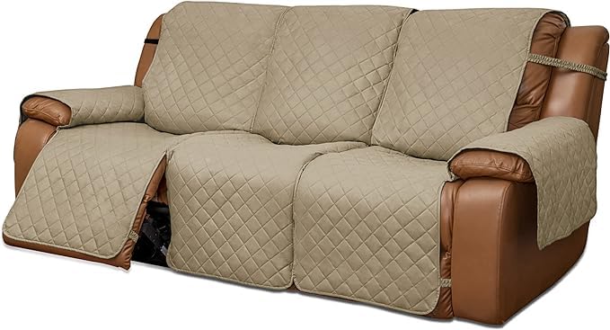 Recliner Sofa Cover with Console Couch Cover for Living Room Anti Slip Bottom Split Sofa Cover for Each Seat with Elastic Straps for Kids Dogs Pets 3 Seater Recliner Camel