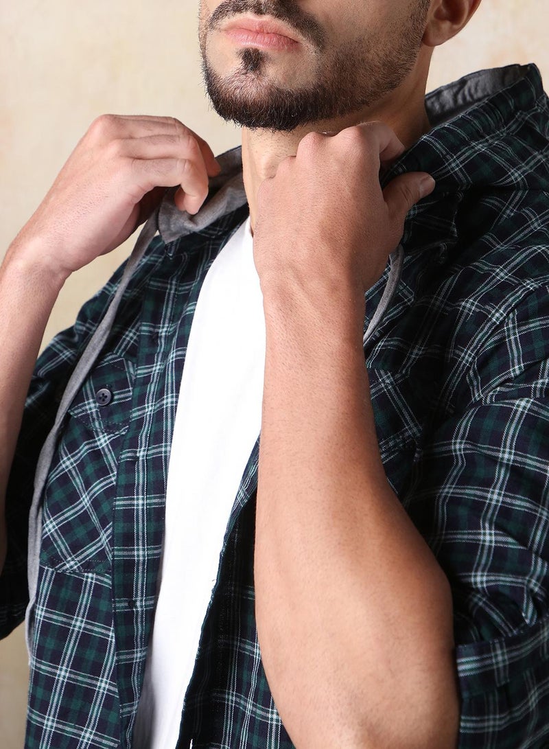 HIGH STAR Men Regular Fit Spread Collar Tartan Checked Cotton Hooded Casual Shirt  - Image 3
