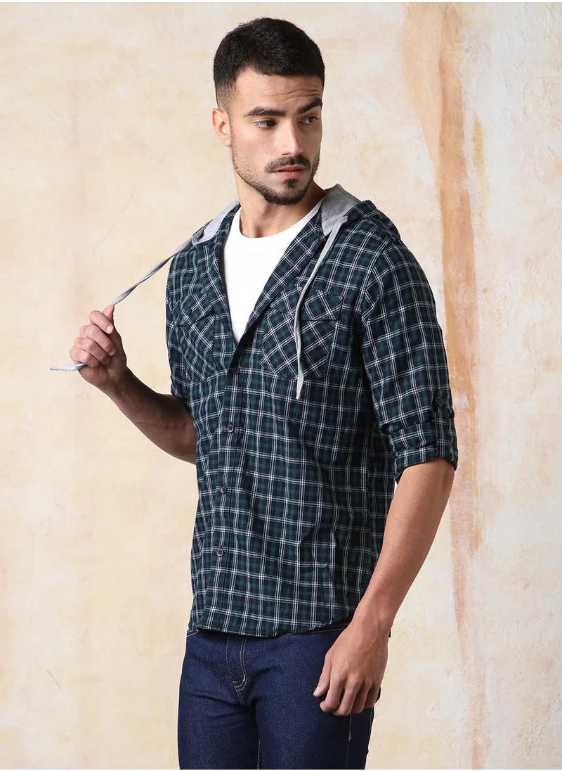 HIGH STAR Men Regular Fit Spread Collar Tartan Checked Cotton Hooded Casual Shirt