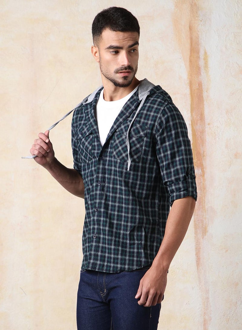 HIGH STAR Men Regular Fit Spread Collar Tartan Checked Cotton Hooded Casual Shirt  - Image 2