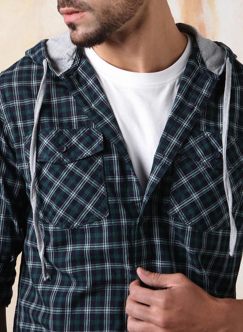 HIGH STAR Men Regular Fit Spread Collar Tartan Checked Cotton Hooded Casual Shirt  - Image 5