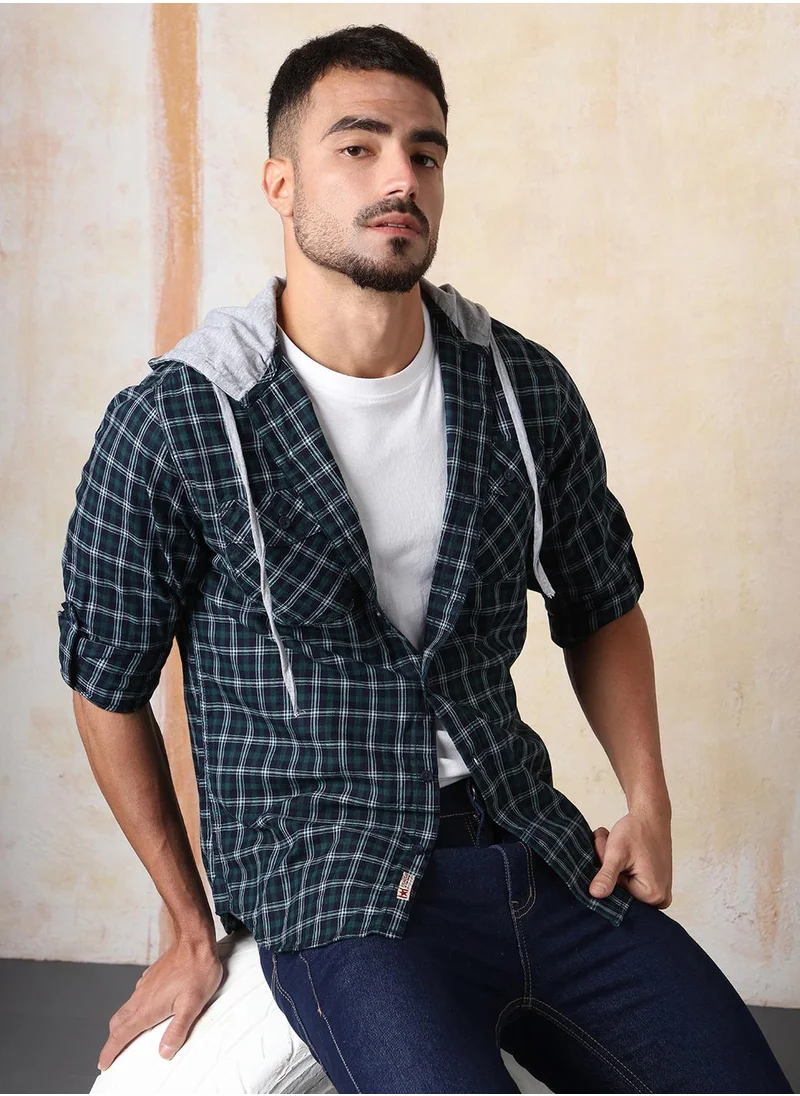HIGH STAR Men Regular Fit Spread Collar Tartan Checked Cotton Hooded Casual Shirt