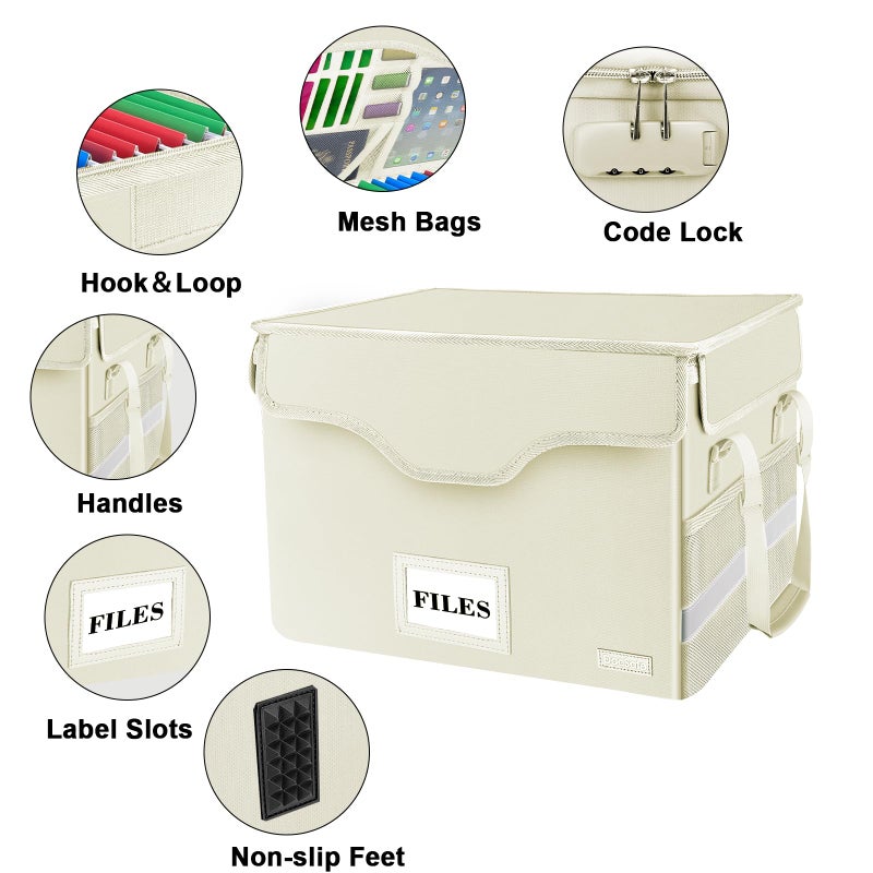 DocSafe Fireproof Document Box with Lock,File Storage Organizer with Zipper Pockets,Collapsible Portable File Box Home Office Safe Filing Cabinet with Handle for Hanging Letter/Legal Folders,Beige - Image 4