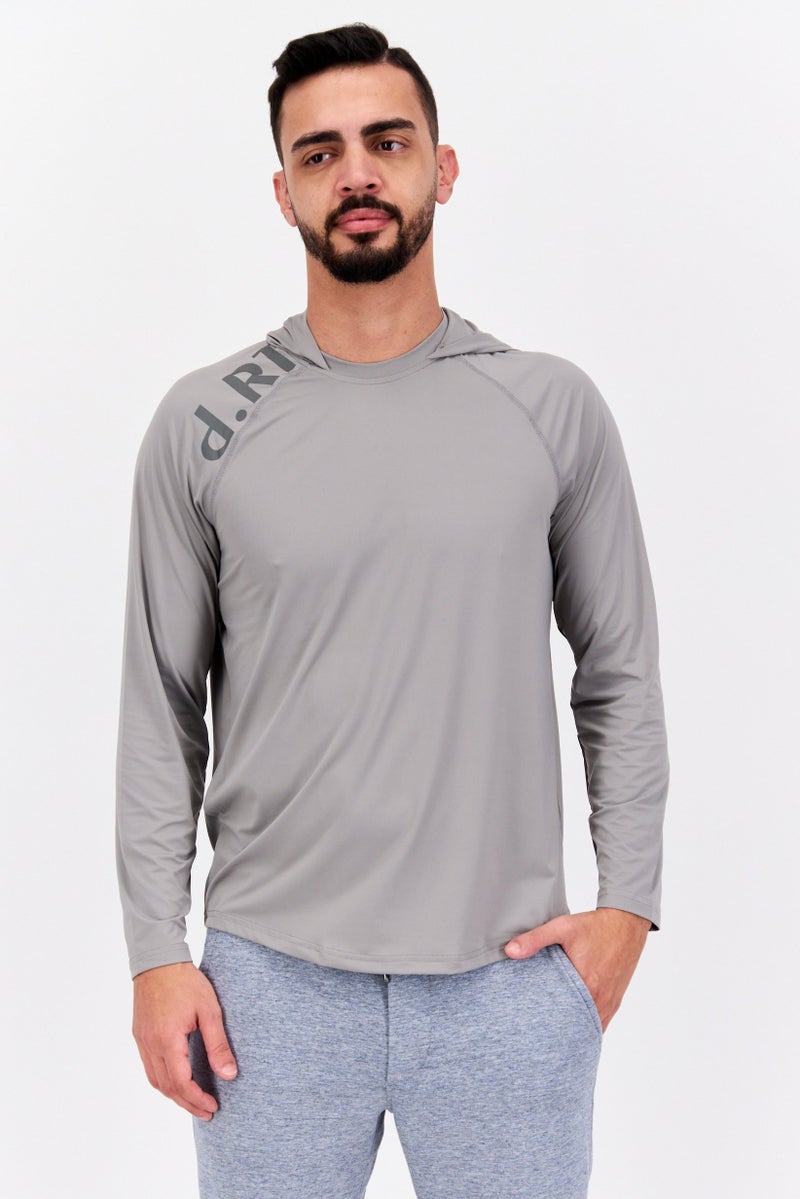 D RT سويت شيرت بغطاء رأس للرجال بشعار العلامة التجارية، رمادي - Image 1