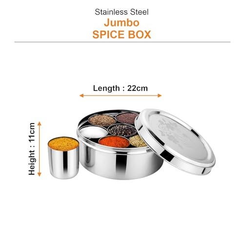 Prabha Stainless Steel Jumbo Spice Box Plain, Large Spice Container Glasses, Unbreakable, Decorated Stainless Steel Lid, Hard & Long Durable Life, Best for Home & Kitchen, 1 Year Warranty - Image 2