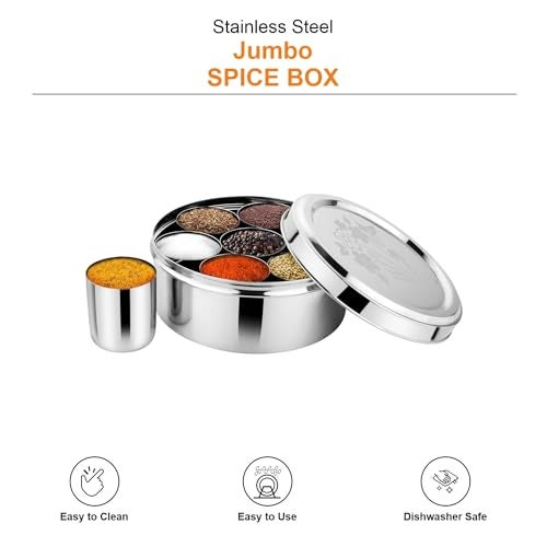 Prabha Stainless Steel Jumbo Spice Box Plain, Large Spice Container Glasses, Unbreakable, Decorated Stainless Steel Lid, Hard & Long Durable Life, Best for Home & Kitchen, 1 Year Warranty - Image 3
