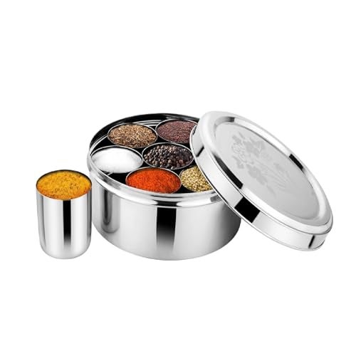 Prabha Stainless Steel Jumbo Spice Box Plain, Large Spice Container Glasses, Unbreakable, Decorated Stainless Steel Lid, Hard & Long Durable Life, Best for Home & Kitchen, 1 Year Warranty - Image 1