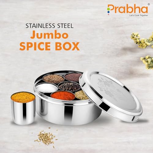 Prabha Stainless Steel Jumbo Spice Box Plain, Large Spice Container Glasses, Unbreakable, Decorated Stainless Steel Lid, Hard & Long Durable Life, Best for Home & Kitchen, 1 Year Warranty - Image 4