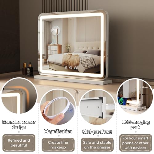 ZL ZELing Vanity Mirror with Lights, 23 Inch Large Makeup Mirror with LED Lights, Smart Touch Dimmable 3-Color Light, Memory Function, USB Charging Port, and Magnifying Glass - Image 5