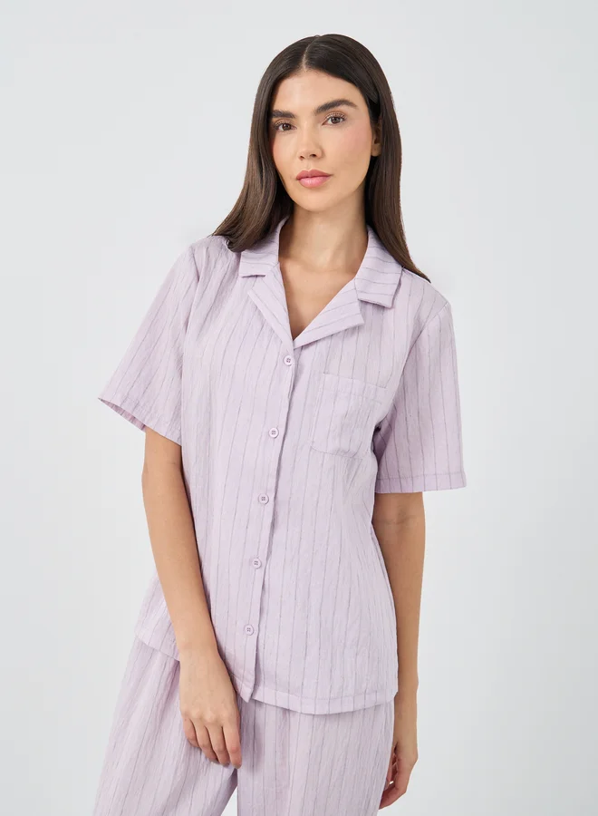 Styli Styli Textured Striped Buttoned Shirt and Pyjama Set