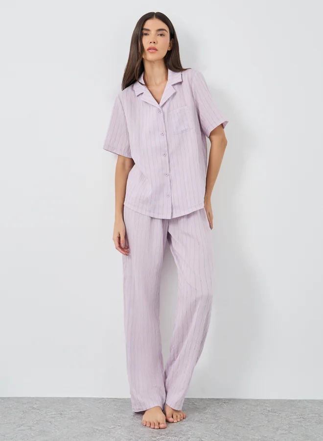 Styli Styli Textured Striped Buttoned Shirt and Pyjama Set