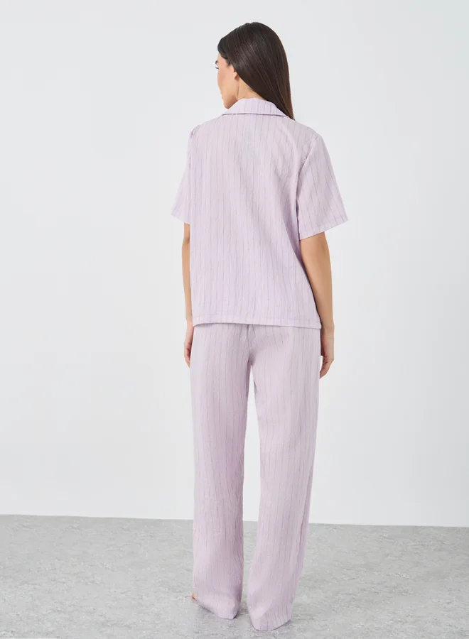 Styli Styli Textured Striped Buttoned Shirt and Pyjama Set