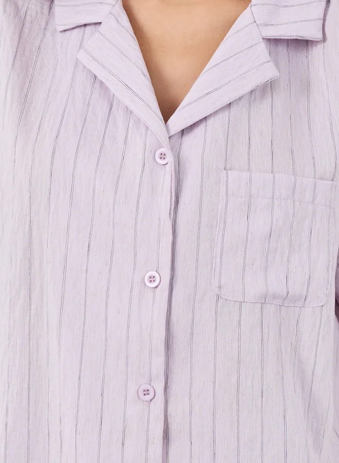 Styli Styli Textured Striped Buttoned Shirt and Pyjama Set
