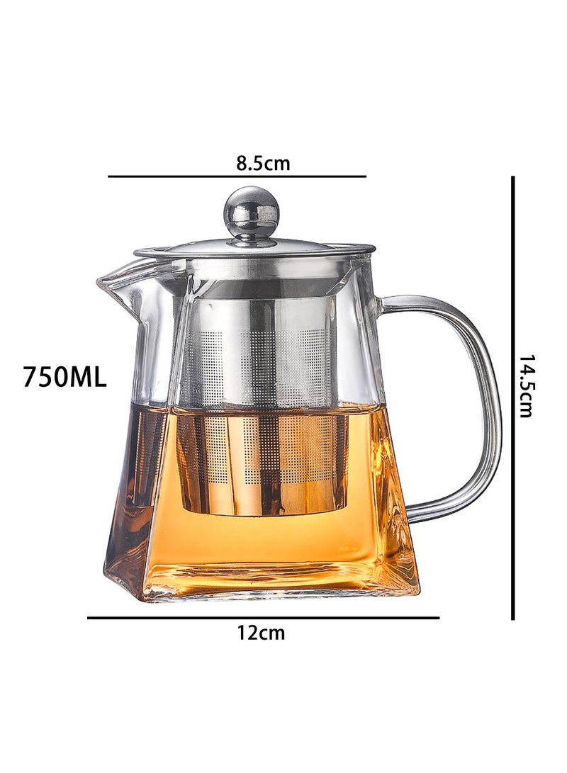 إبريق شاي زجاجي، مصفاة من الفولاذ المقاوم للصدأ، إبريق شاي مقاوم للحرارة، مع مصفاة قابلة للإزالة ومقبض (مربع 750 مل) - Image 3