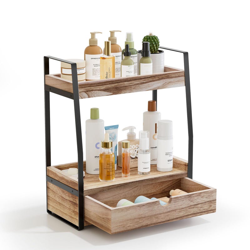 Boulphia 2-Tier Countertop Bathroom Organizer with Drawers, Wood & Metal, Retro Style, Bathroom Vanity Organizer - Image 1