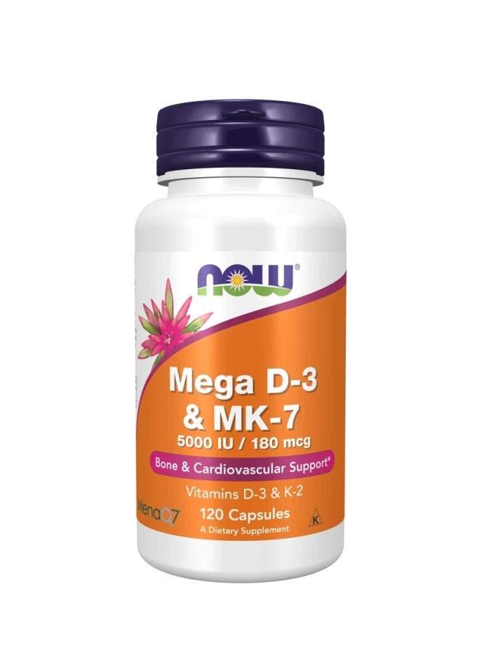 NOW Supplements, Mega D-3 & MK-7, 5000 IU / 180 mcg, Bone & Cardiovascular Support*, Vitamins K-3 & K-2, 120 Capsules