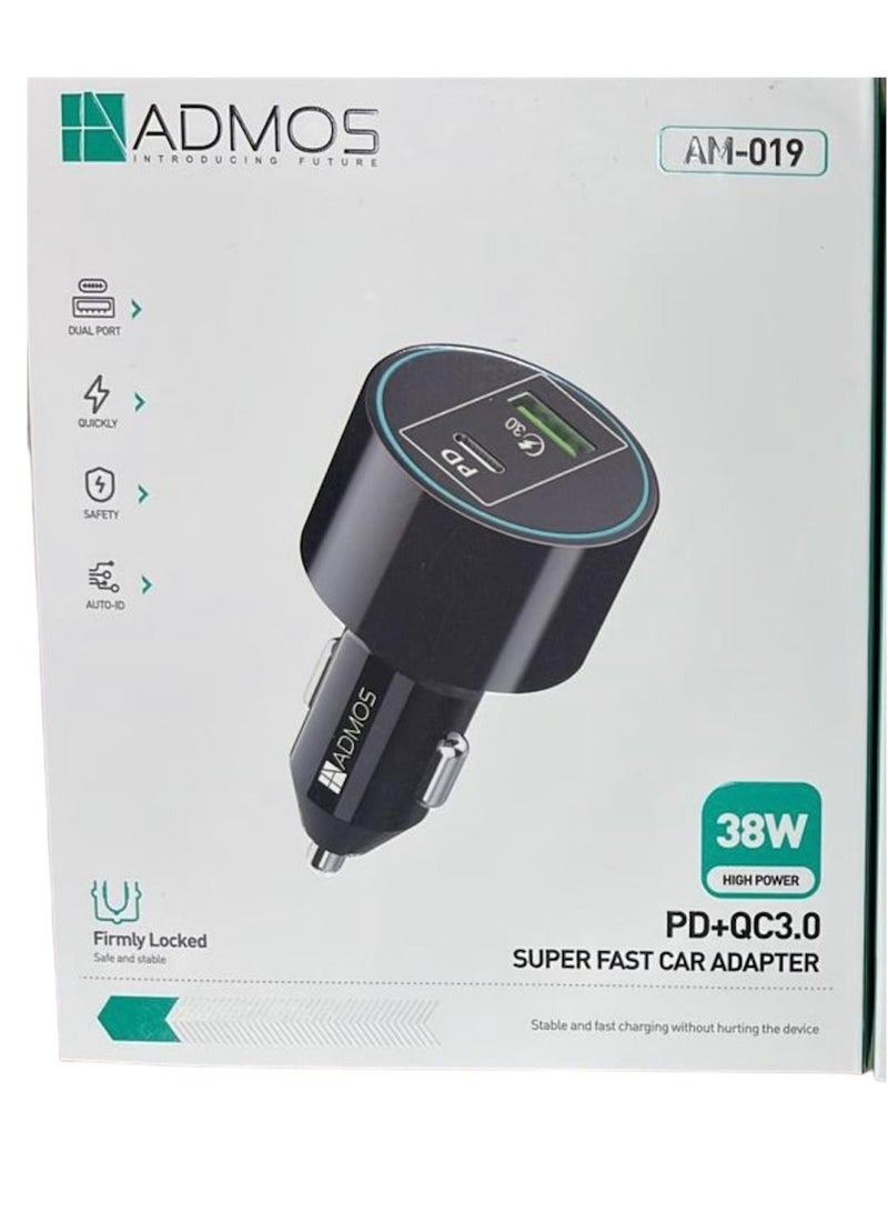 Admos car charger with two fast PD ports and one USB port, 38W