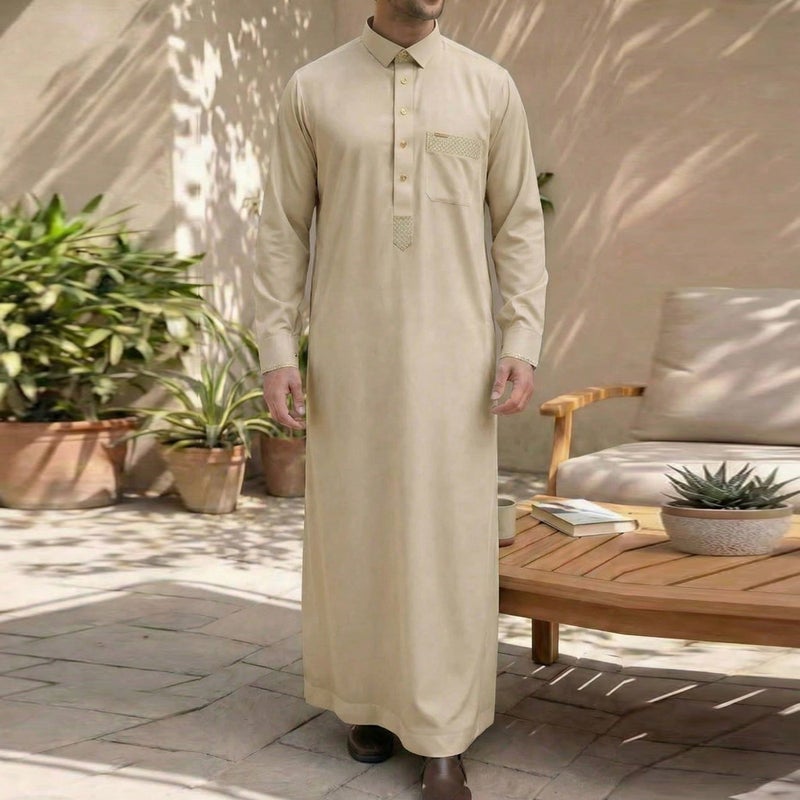 Men's Mandarin Collar Long Kurta with Multiple Pockets and Solid Pattern for Formal Occasions - Image 2