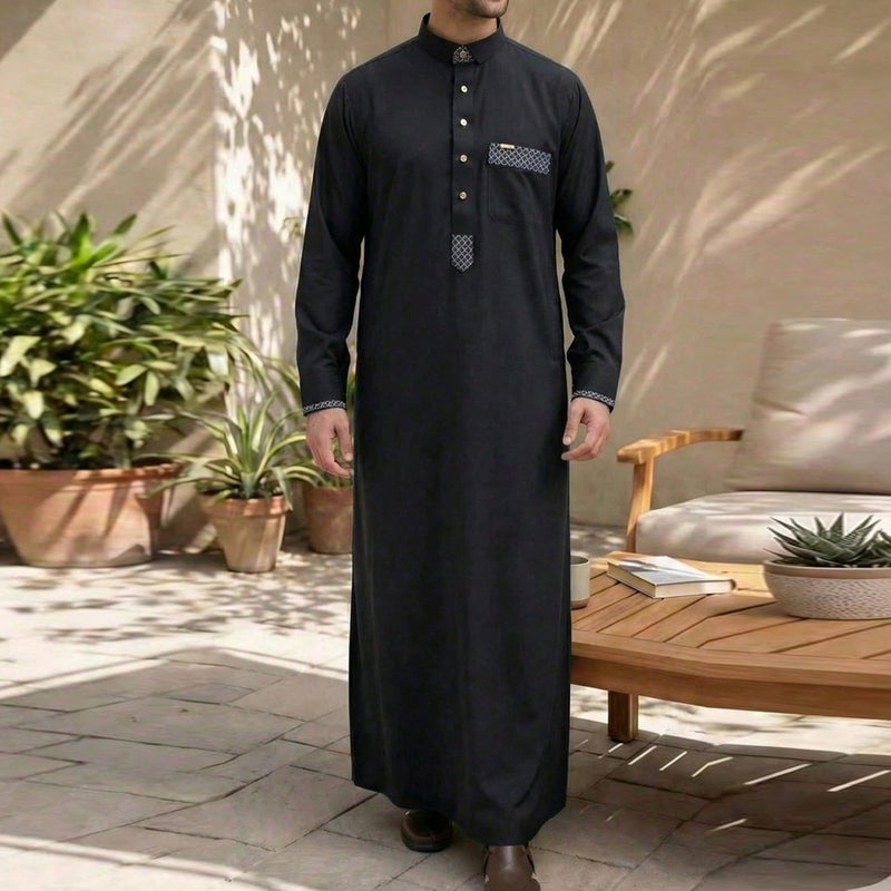 Men's Mandarin Collar Long Kurta with Multiple Pockets and Solid Pattern for Formal Occasions - Image 3