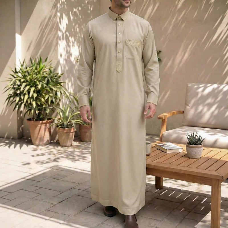 Men's Mandarin Collar Long Kurta with Multiple Pockets and Solid Pattern for Formal Occasions - Image 1