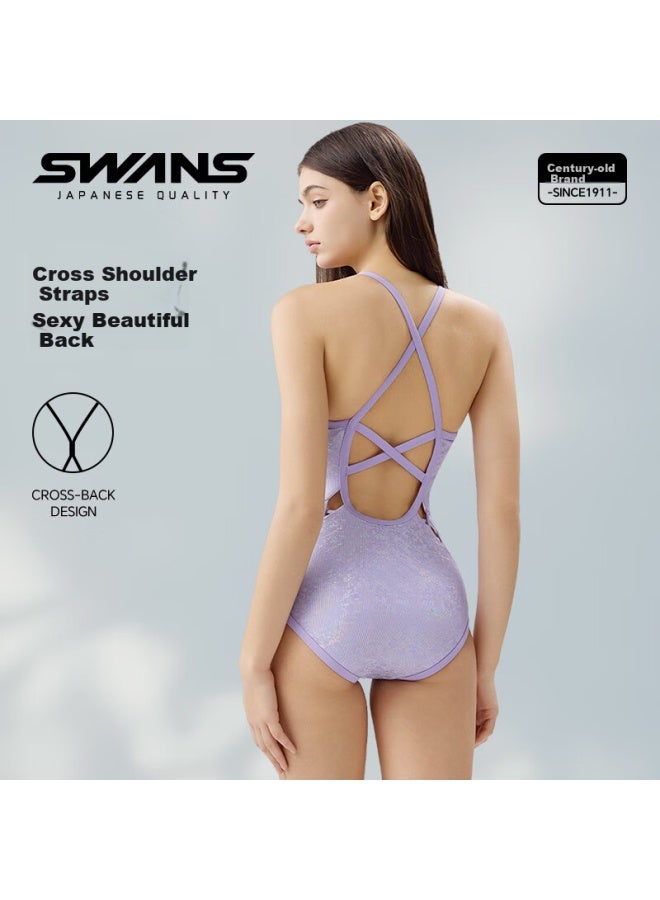 Speed Vision Suanshi Women's One-piece Swimsuit, Triangle Design, Chlorine-resistant, Sun-protective, Water-repellent, Professional Training, Quick-drying, Slim-fit Swimwear, Purple, Size L - Image 1