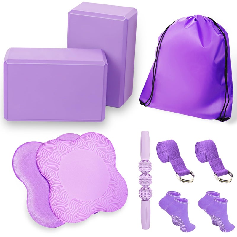 SAMTKA 2 Yoga Blocks Supportive Accessories including 2 Knee Pads, 2 With Strap To Put Less Weight On Wrists, 1 Muscle Massage Roller, 2 Pair of Non-Slip Pilates Socks, 1 GYM Bag, Durable Versatile Yoga Brick Exercise Set of 10 - Image 1