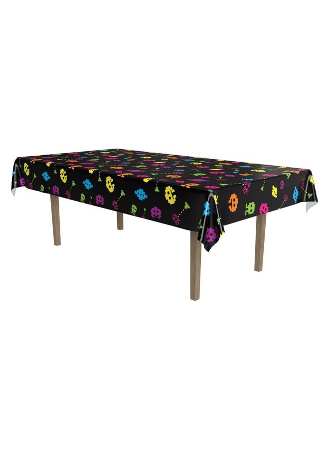 Beistle Plastic Rectangle 80's Table Cover for 1980's Theme Video Game Party Supplies, 54"x108", Black, Yellow, Blue, Orange, Purple - Image 1