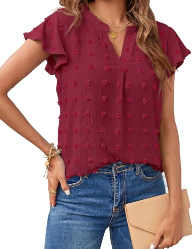 MEROKEETY Women Short Sleeve Notched V Neck Blouse Summer Casual Swiss Dot Boho Solid Top WineRed Medium - Image 1