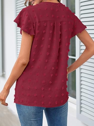 MEROKEETY Women Short Sleeve Notched V Neck Blouse Summer Casual Swiss Dot Boho Solid Top WineRed Medium - Image 4