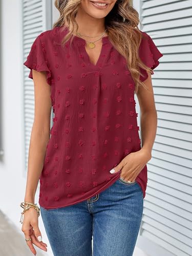 MEROKEETY Women Short Sleeve Notched V Neck Blouse Summer Casual Swiss Dot Boho Solid Top WineRed Medium - Image 3