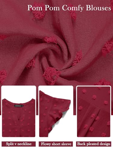 MEROKEETY Women Short Sleeve Notched V Neck Blouse Summer Casual Swiss Dot Boho Solid Top WineRed Medium - Image 5